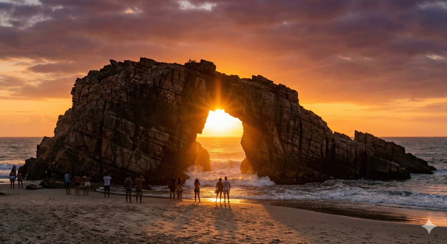 Pôr do sol na Pedra Furada, em Jericoacoara, na Rota das Emoções